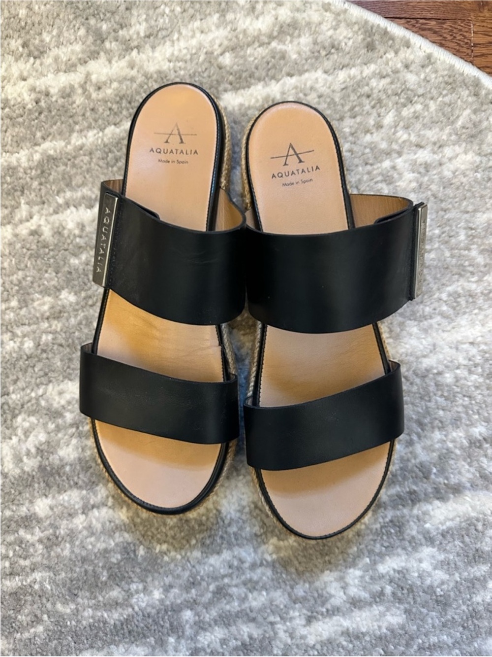 Aquatalia Black Leather Double-Strap Slide Sandals with Jute Heel